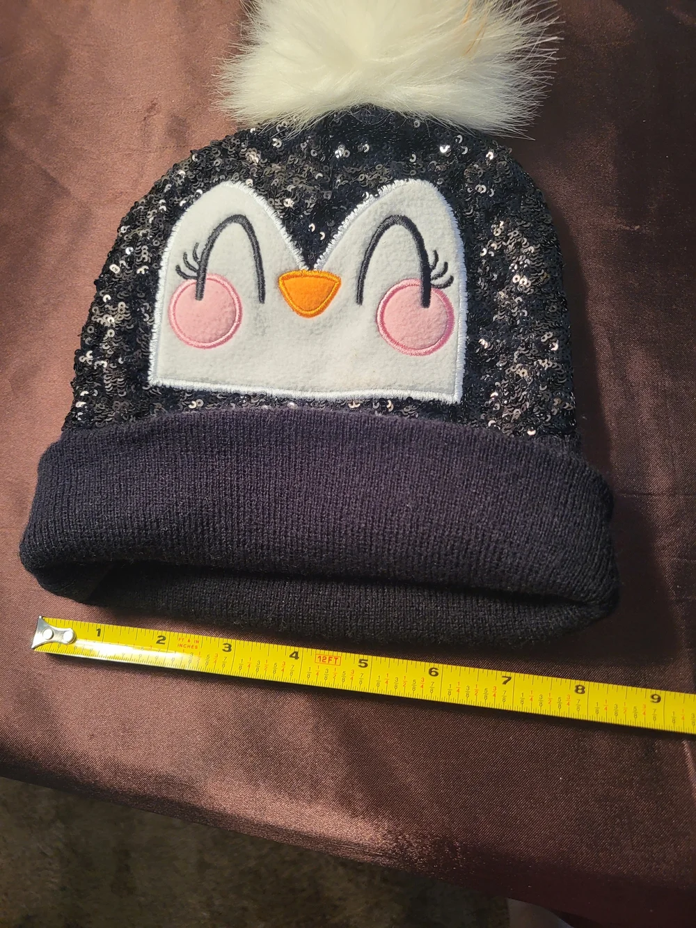 Kids Sequin Penguin Pom Beanie - Black